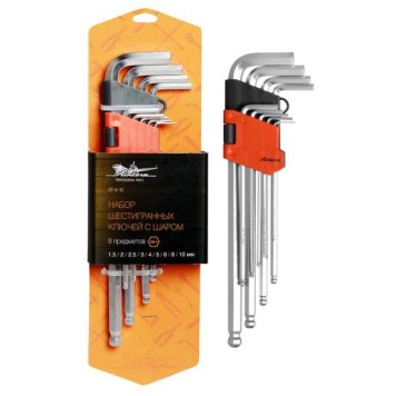 Набор шестигранных ключей удлиненных с шаром 9 предметов (1.5,2,2.5,3,4,5,6,8,10мм) пласт.подвес <b>AIRLINE AT-9-15</b>