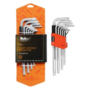 Набор Г-образных ключей TORX с отв. 9 предметов (Т10, Т15, Т20, Т25, Т27, Т30, Т40, Т45, Т50) пласт.подвес <b>AIRLINE AT-9-22</b>
