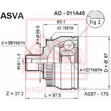 AD-011A45 (15-12673280 шрус наружний 27x59,5x38 AUDI A4A6 QUATRO) 12 <b>ASVA AD011A45</b>