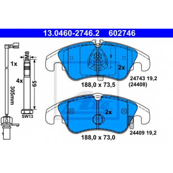 Колодки тормозные дисковые для AUDI A4(8K2,8K5,8KH,B8), A5(8F7,8T3,8TA) <b>ATE 13.0460-2746.2 / 602746</b>