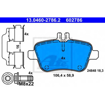 Колодки тормозные дисковые для MERCEDES A(W176), B(W242,W246), CLA(C117,X117), GLA(X156), SLC(R172), SLK(R172) <b>ATE 13.0460-2786.2 / 602786</b>
