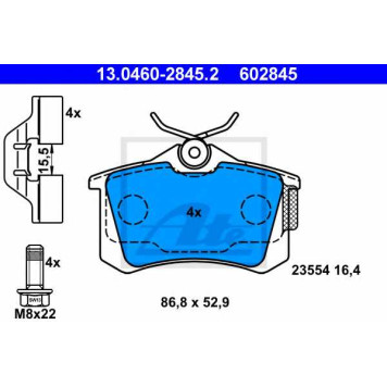 Колодки тормозные дисковые для RENAULT AVANTIME, CLIO, ESPACE, GRAND, MEGANE, MODUS, SCENIC <b>ATE 13.0460-2845.2 / 602845</b>