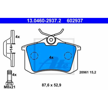 Колодки тормозные дисковые для PEUGEOT 405 / VW CORRADO, GOLF, JETTA, PASSAT, POLO, SCIROCCO, VENTO <b>ATE 13.0460-2937.2 / 602937</b>