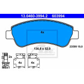 Колодки тормозные дисковые для CITROEN BERLINGO, C-ELYSEE, C2, C3, C4 CACTUS, C4, DS3, XSARA / PEUGEOT 1007, 2008, 206, 207, 208, 301, 307, PARTNER <b>ATE 13.0460-3994.2 / 603994</b>