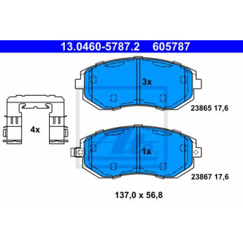 Колодки тормозные дисковые для SUBARU FORESTER(SF,SG,SH), IMPREZA(G3,GD,GG,GH,GR), LEGACY(B13#,BL,BM,BP,BR), OUTBACK(BL,BM,BP,BR) <b>ATE 13.0460-5787.2 / 605787</b>