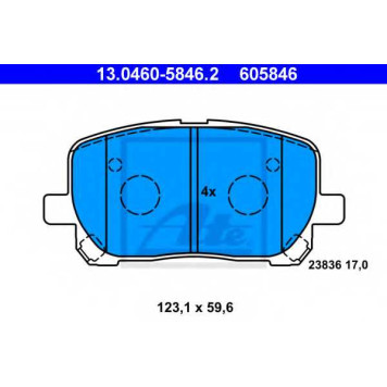 Колодки тормозные дисковые для TOYOTA AVENSIS(#ACM2#,#CLM2#) <b>ATE 13.0460-5846.2 / 605846</b>