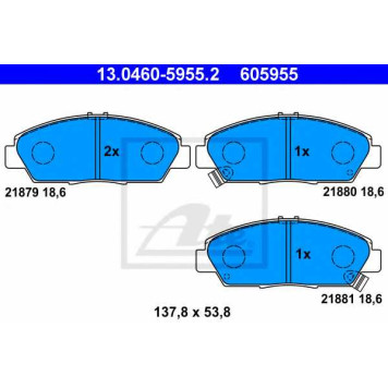 Колодки тормозные дисковые для HONDA ACCORD(CC,CD,CE,CF), PRELUDE(BB) <b>ATE 13.0460-5955.2 / 605955</b>