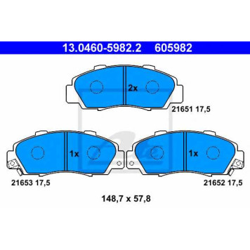 Колодки тормозные дисковые для HONDA ACCORD, CIVIC, CR, HR, LEGEND, NSX, ODYSSEY, PRELUDE, SHUTTLE <b>ATE 13.0460-5982.2 / 605982</b>