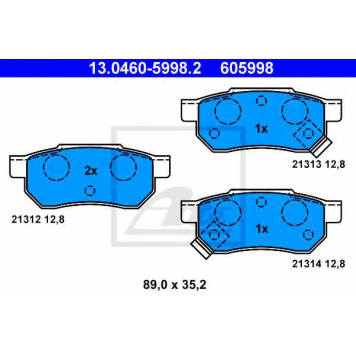 Колодки тормозные дисковые для HONDA ACCORD(CA), CIVIC(EC, ED, EE, EG, EH, EJ, EK, MA, MB, MC), CONCERTO(HW, HWW, MA), CRX(ED, EE, EG, EH), PRELUDE(BA) <b>ATE 13.0460-5998.2 / 605998</b>