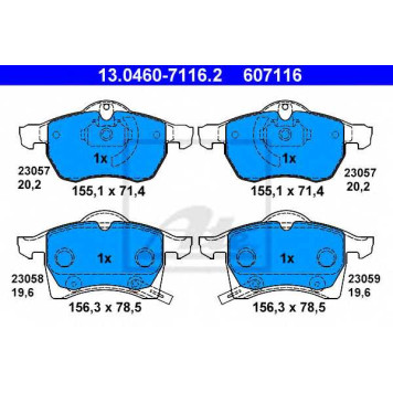 Колодки тормозные дисковые для OPEL ASTRA(F07#, F08#, F35#, F48#, F67, F69#, F70), ZAFIRA(F75#) <b>ATE 13.0460-7116.2 / 607116</b>
