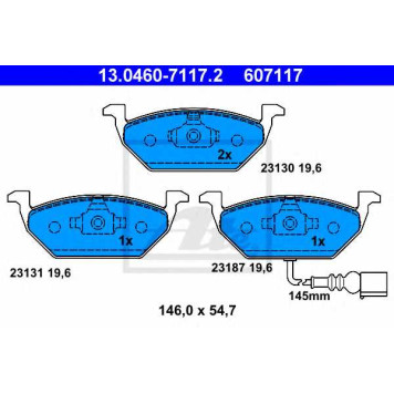Колодки тормозные дисковые для AUDI A2, A3 / SKODA FABIA, OCTAVIA, ROOMSTER, YETI / VW BEETLE, BORA, CADDY, GOLF, JETTA, NEW BEETLE, POLO <b>ATE 13.0460-7117.2 / 607117</b>