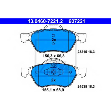 Колодки тормозные дисковые для RENAULT CLIO(BR0/1, CR0/1), MEGANE(BM0/1#, CM0/1#, EM0/1#, KM0/1#, LM0/1#), SCENIC(JM0/1#) <b>ATE 13.0460-7221.2 / 607221</b>