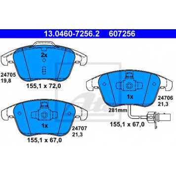 Колодки тормозные дисковые для AUDI A4(8K2,8K5,8KH,B8), A5(8F7,8T3,8TA) <b>ATE 13.0460-7256.2 / 607256</b>