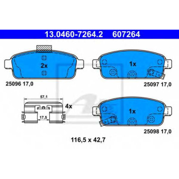 Колодки тормозные дисковые для CHEVROLET AVEO, CRUZE, ORLANDO, TRACKER, VOLT / OPEL AMPERA, ASTRA GTC J, ASTRA, CASCADA, MOKKA, ZAFIRA <b>ATE 13.0460-7264.2 / 607264</b>