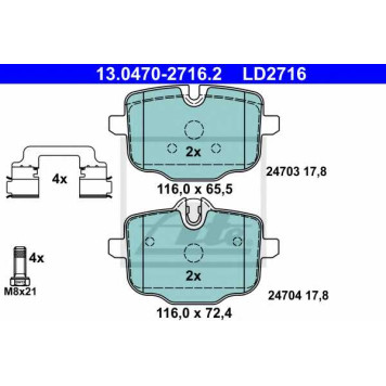 Колодки тормозные дисковые для BMW 5(F10,F11,F18), 6(F06,F12,F13) <b>ATE 13.0470-2716.2 / LD2716</b>