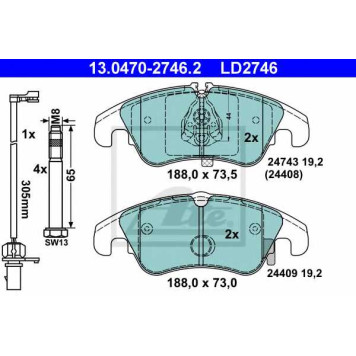 Колодки тормозные дисковые для AUDI A4(8K2,8K5,8KH,B8), A5(8F7,8T3,8TA) <b>ATE 13.0470-2746.2 / LD2746</b>