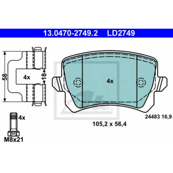 Колодки тормозные дисковые для AUDI A6, Q3 / VW CC, GOLF, PASSAT, SHARAN, TIGUAN <b>ATE 13.0470-2749.2 / LD2749</b>