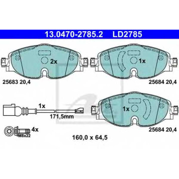 Колодки тормозные дисковые для AUDI A3, TT / SKODA OCTAVIA, SUPERB / VW GOLF SPORTSVAN, GOLF, PASSAT, TIGUAN, TOURAN <b>ATE 13.0470-2785.2 / LD2785</b>