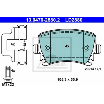 Колодки тормозные дисковые для AUDI A3, A4, A6, Q3, TT / SKODA OCTAVIA, SUPERB, YETI / VW CADDY, CC, EOS, GOLF, JETTA, PASSAT, SCIROCCO, SHARAN, TIGUAN, TOURAN <b>ATE 13.0470-2880.2 / LD2880</b>
