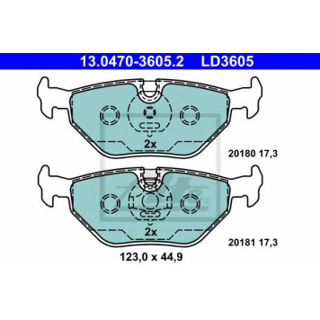 Колодки тормозные дисковые для BMW 3(E36,E46), Z1, Z3(E36), Z4(E85,E86) / SAAB 9-5(YS3E) <b>ATE 13.0470-3605.2 / LD3605</b>
