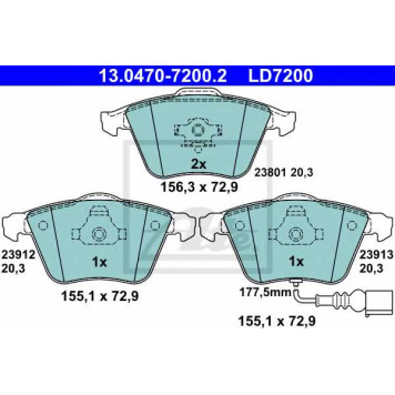 Колодки тормозные дисковые для AUDI A3(8P1,8PA) / SKODA SUPERB(3T4,3T5) / VW EOS(1F7,1F8), GOLF(1K1,5K1), PASSAT(357,3C2,3C5) <b>ATE 13.0470-7200.2 / LD7200</b>