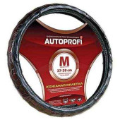 Оплетка на руль Autoprofi AP-156 BK M натур.кожа черная + "крокодил"