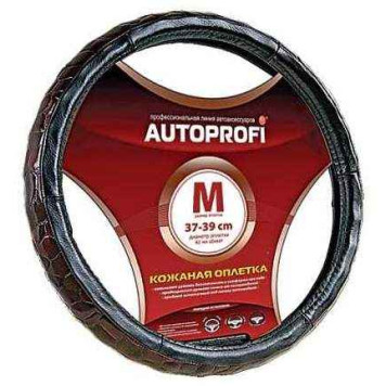 Оплетка на руль Autoprofi AP-156 BK M натур.кожа черная + "крокодил"