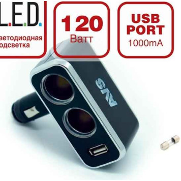 Разветвитель прикуривателя 2 гнезда + USB AVS CS211U (12/24B)