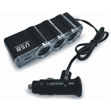 Разветвитель прикуривателя 3 гнезда + USB AVS CS314U с удлинителем фигурный (12/24В)