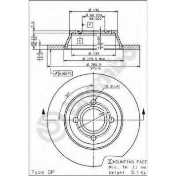 BREMBO 08570910 - диск тормозной передний 08.5709.10 (280х13) 4 отв