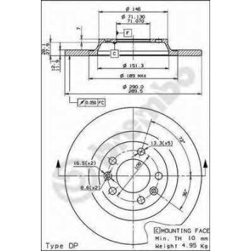 BREMBO 08868210 - диск тормозной задний 08.8682.10 (290х12) 5 отв