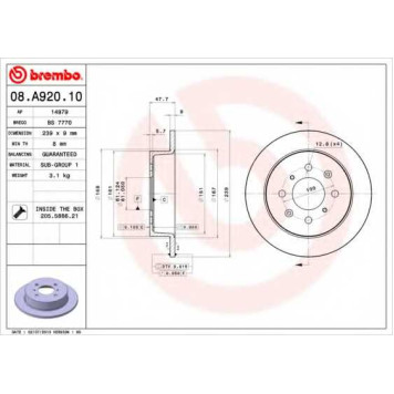 BREMBO 08A92010 - диск тормозной задний 08.A920.10 (239х9) 4 отв
