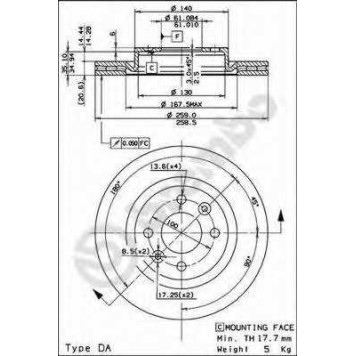 BREMBO 09580224 - диск тормозной передний 09.5802.24 (259х20,6) 4 отв