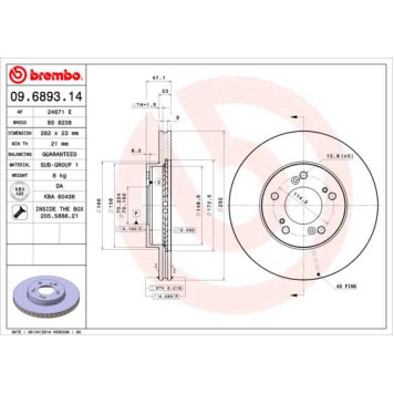 Диск тормозной HONDA HR-V (GH) 03/99 > перед <b>BREMBO 09.6893.11</b>