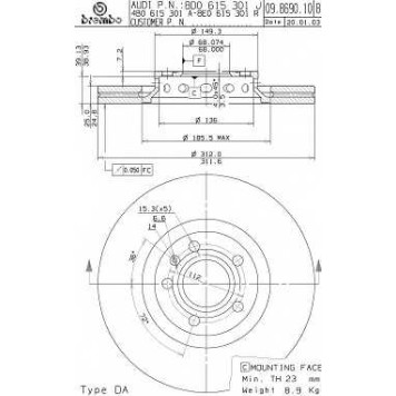 BREMBO 09869011 - диск тормозной передний 09.8690.11 (312х25) 5 отв