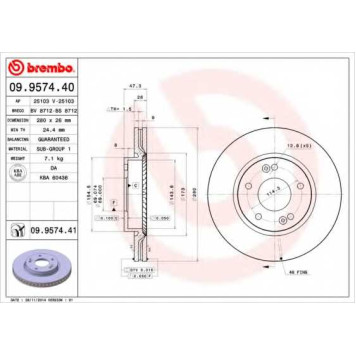 BREMBO 09957440 - диск тормозной передний 09.9574.40 (280х26) 5 отв