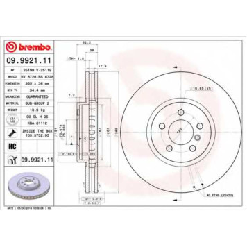 BREMBO 09992111 - диск тормозной передний 09.9921.11 (365х36) 5 отв