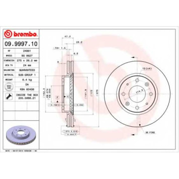 BREMBO 09999710 - диск тормозной передний 09.9997.10 (275х26) 4 отв
