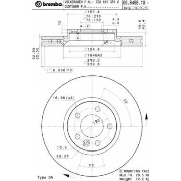 BREMBO 09B49810 - диск тормозной передний 09.B498.10