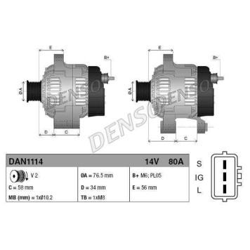 Генератор TOYOTA LAND CRUISER 80 / 100 4.2TD 92-98 1HD# / 1HZ 12V 80A <b>DENSO DAN1114</b>-1