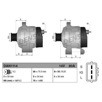 Генератор TOYOTA LAND CRUISER 80 / 100 4.2TD 92-98 1HD# / 1HZ 12V 80A <b>DENSO DAN1114</b>