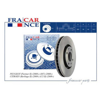 Диск тормозной перед. вентил. (283x26) CITROEN (C3, C4, C5, Berlingo, Xsara) PEUGEOT (207, 307, 308, 408, 1007, 2008, 3008) <b>FRANCECAR FCR220500</b>-1