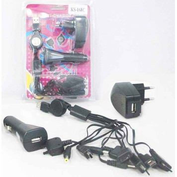 Зарядное устройство от прикуривателя KS-168c универсальное 10 видов штекеров + USB, 1A, черное