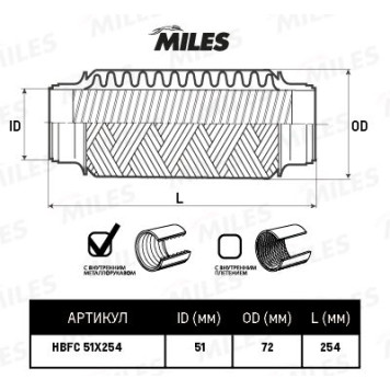Гофра глушителя (виброкомпенсатор) 51X254мм InterLock MILES HBFC51X254