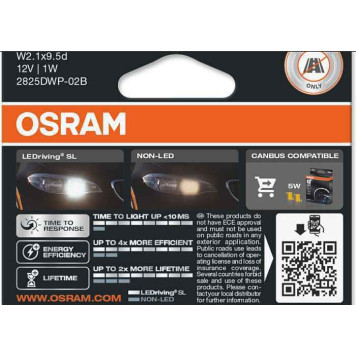 LEDriving SL (3поколение) 0,8W/12V W5W W2.1X9.5D BLI2 белый 6000K 2шт <b>OSRAM 2825DWP-02B</b>-1