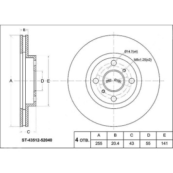 Диск тормозной перед TOYOTA FUNCARGO / VITZ RS / PROBOX / BB / WILL / IST NCP1# / 2# / 3# / 6# / 7# / 99-05 <b>SAT ST-43512-52040</b>