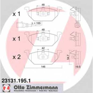 Колодки тормозные дисковые для AUDI A2, A3 / SKODA FABIA, OCTAVIA, ROOMSTER, YETI / VW BEETLE, BORA, CADDY, GOLF, JETTA, NEW BEETLE, POLO <b>ZIMMERMANN 23131.195.1 / 21974</b>