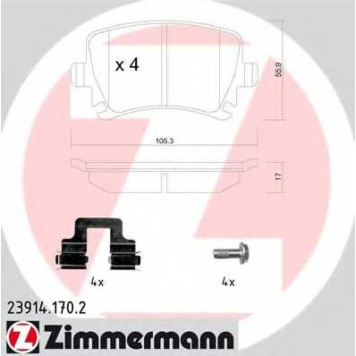 Колодки тормозные дисковые для AUDI A3, A4, A6, TT / SKODA OCTAVIA, SUPERB, YETI / VW CADDY, CC, EOS, GOLF, JETTA, PASSAT, SCIROCCO, TOURAN <b>ZIMMERMANN 23914.170.2 / 23914</b>